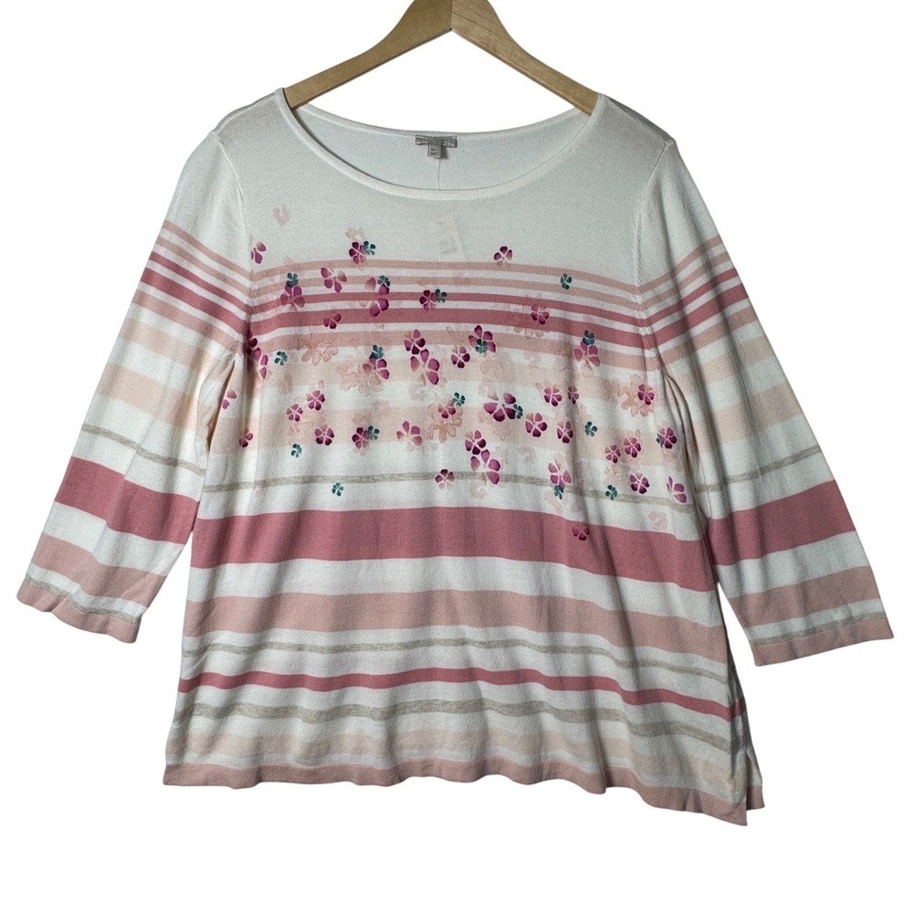 Talbots Womens Petite XL Pink‎ Ivory Floral Stripe Cottagecore Sweater Top